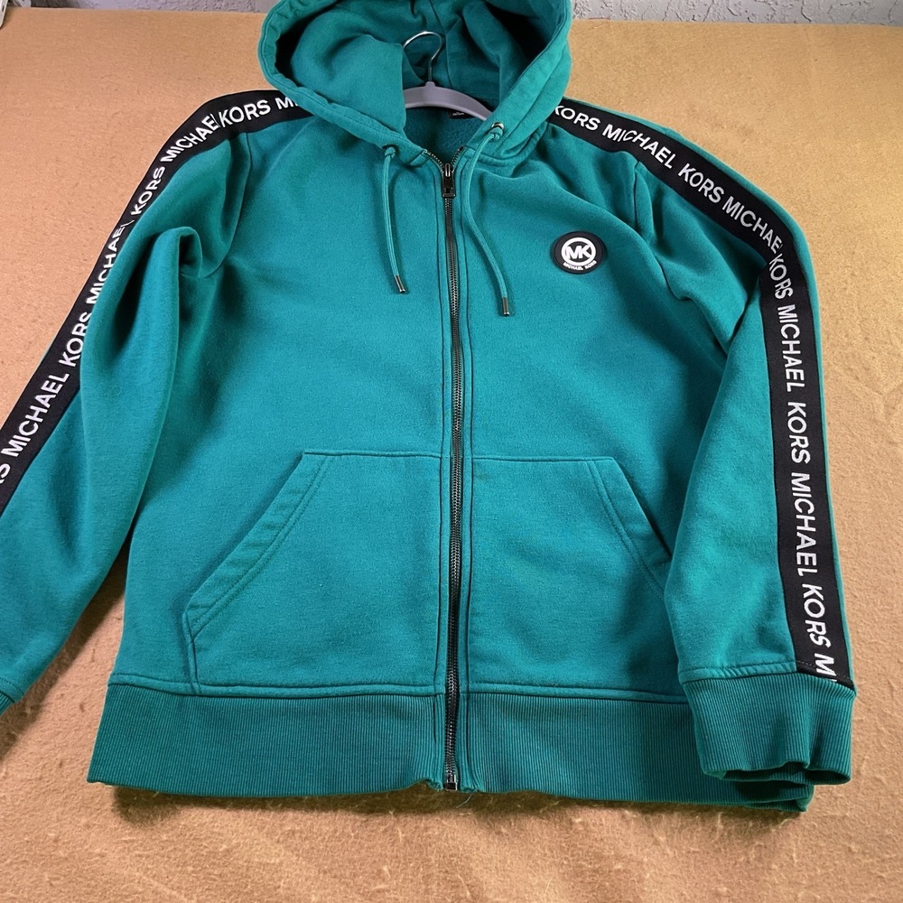 Michael Kors Mens Teal Green Logo Tape Full Zip Hoodie Sweatshirt Size M